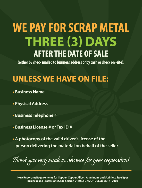 We pay for scrap metal 3 days after the date of sale